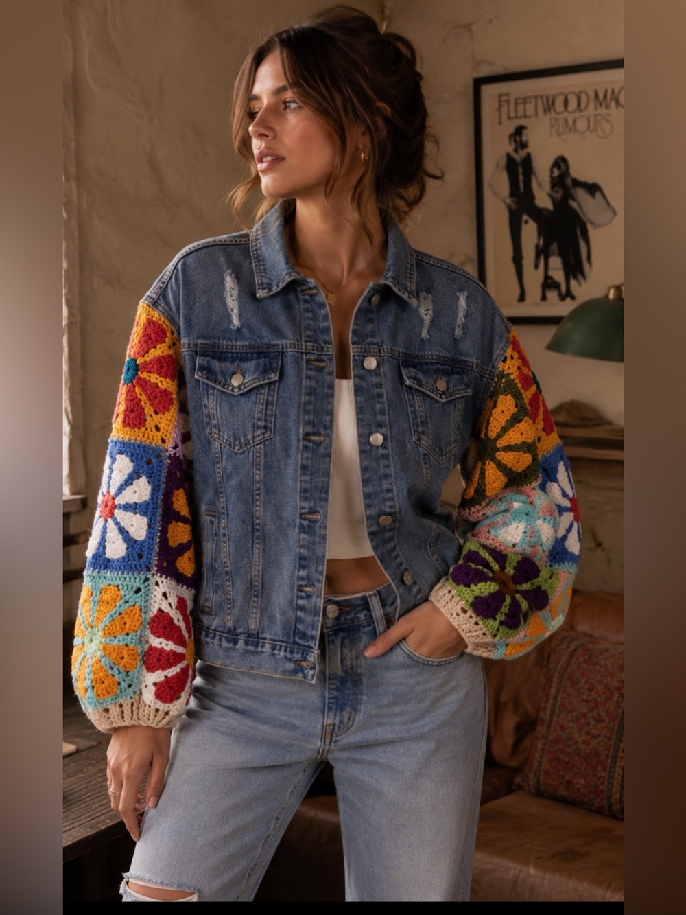 Miracle Medium Wash Granny Square Crochet Distressed Denim Jean Jacket S/M